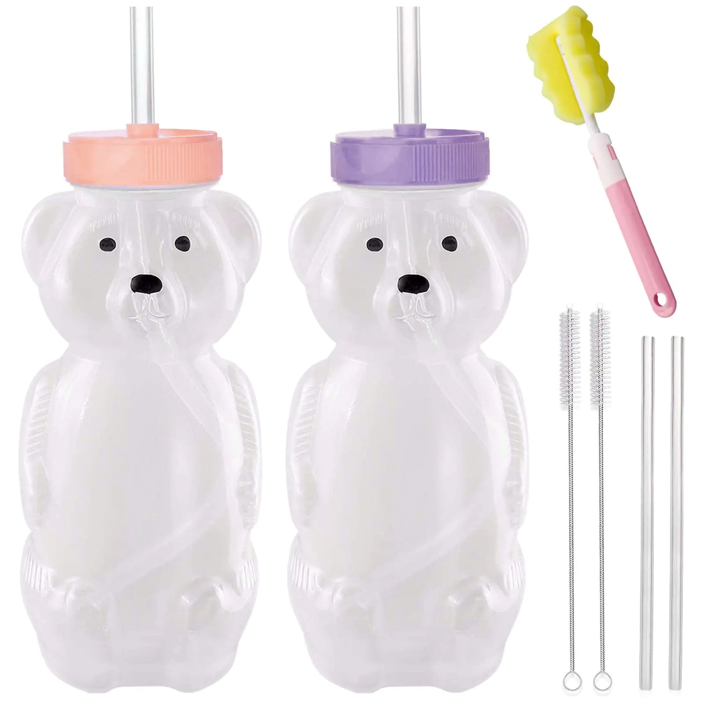 Honey Bear Straw Cups Juice Bear Bottle Drinking Cup Long Straws with 4 Flexible Straws & Cleaning Tools 8-Ounce Therapy Sippy Bottles for Speech and Feeding Training Food-Grade & BPA Free 2 Pack